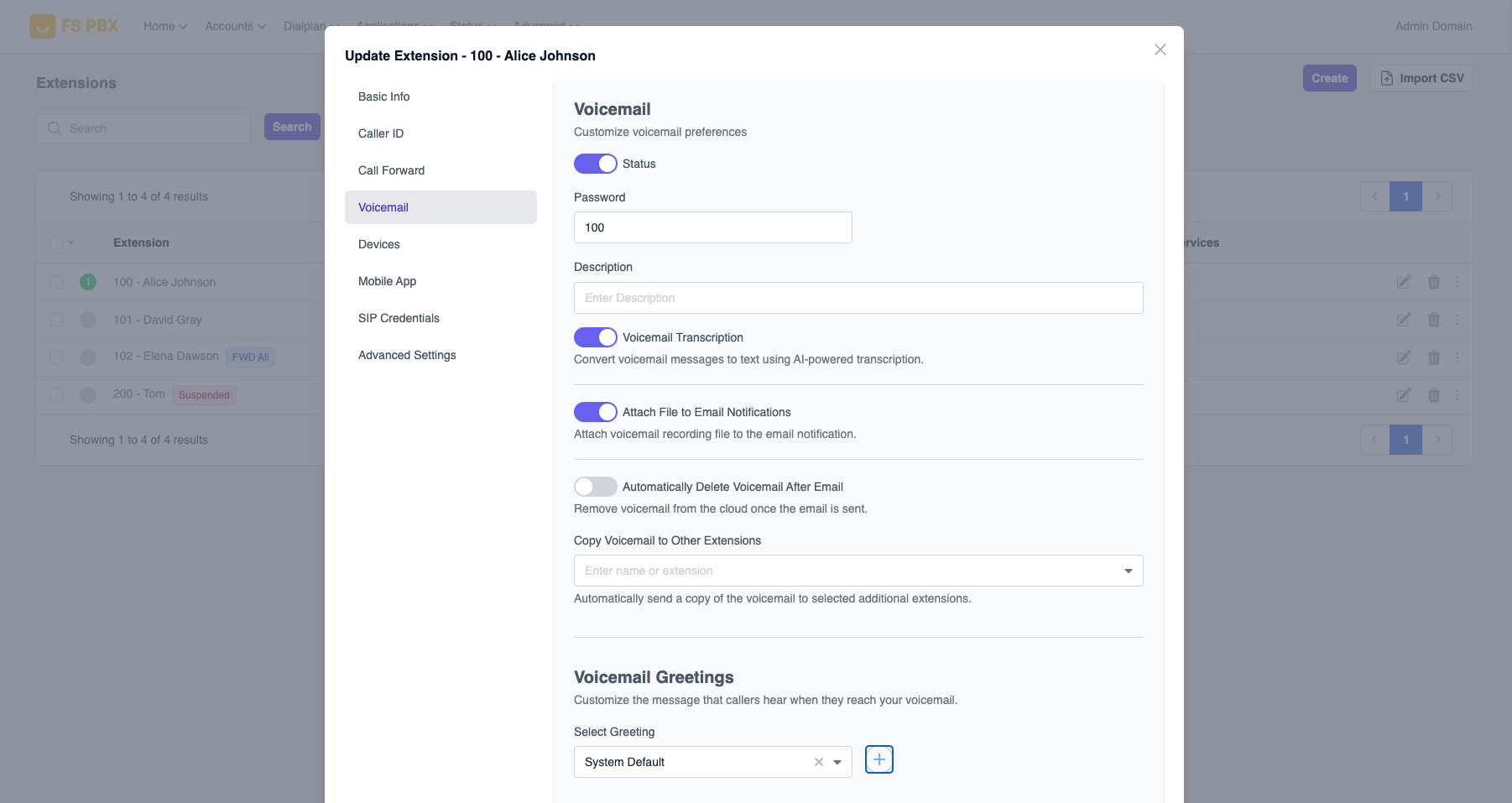 Extension Voicemail Screenshot